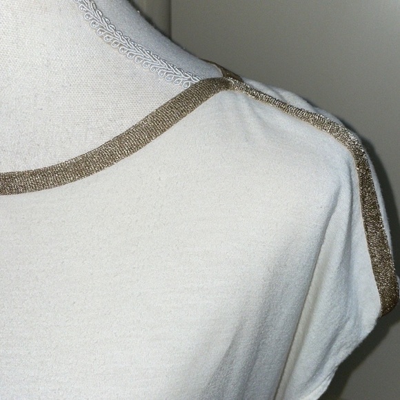 Ann Taylor Ivory w Gold Metallic Trim Top Boatneck Short Cap Sleeve Size LP - Picture 9 of 12